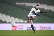 6 December 2020; Michael Duffy of Dundalk warms-up wearing a t-shirt in tribute to the late Dundalk groundsman and videographer Harry Taaffe prior to the Extra.ie FAI Cup Final match between Shamrock Rovers and Dundalk at the Aviva Stadium in Dublin. Photo by Stephen McCarthy/Sportsfile