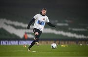 6 December 2020; Patrick McEleney of Dundalk warms-up wearing a t-shirt in tribute to the late Dundalk groundsman and videographer Harry Taaffe prior to the Extra.ie FAI Cup Final match between Shamrock Rovers and Dundalk at the Aviva Stadium in Dublin. Photo by Stephen McCarthy/Sportsfile