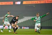 6 December 2020; David McMillan of Dundalk shoots to score his side's first goal despite the efforts Liam Scales of Shamrock Rovers during the Extra.ie FAI Cup Final match between Shamrock Rovers and Dundalk at the Aviva Stadium in Dublin. Photo by Eóin Noonan/Sportsfile
