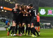 6 December 2020; Sean Hoare of Dundalk celebrates with team-mates after scoring his side's third goal during the Extra.ie FAI Cup Final match between Shamrock Rovers and Dundalk at the Aviva Stadium in Dublin. Photo by Eóin Noonan/Sportsfile