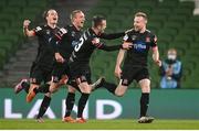 6 December 2020; Sean Hoare, right, of Dundalk celebrates after scoring his side's third goal with team-mates during the Extra.ie FAI Cup Final match between Shamrock Rovers and Dundalk at the Aviva Stadium in Dublin. Photo by Stephen McCarthy/Sportsfile