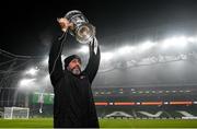 6 December 2020; Dundalk interim head coach Filippo Giovagnoli lifts the Extra.ie FAI Cup following the Extra.ie FAI Cup Final match between Shamrock Rovers and Dundalk at the Aviva Stadium in Dublin. Photo by Eóin Noonan/Sportsfile