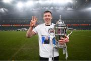6 December 2020; David McMillan of Dundalk, scorer of three goals, celebrates with the cup following the Extra.ie FAI Cup Final match between Shamrock Rovers and Dundalk at the Aviva Stadium in Dublin. Photo by Stephen McCarthy/Sportsfile