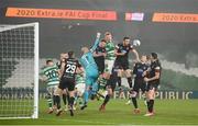 6 December 2020; Liam Scales of Shamrock Rovers in action against Dundalk players, from left, goalkeeper Gary Rogers, Andy Boyle and Michael Duffy during the Extra.ie FAI Cup Final match between Shamrock Rovers and Dundalk at the Aviva Stadium in Dublin. Photo by Stephen McCarthy/Sportsfile