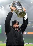 6 December 2020; Dundalk interim head coach Filippo Giovagnoli with the Extra.ie FAI Cup following his side's victory during the Extra.ie FAI Cup Final match between Shamrock Rovers and Dundalk at the Aviva Stadium in Dublin. Photo by Seb Daly/Sportsfile