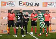 6 December 2020; Match officials, from left, assistant referee Darren Corcoran, fourth official Sean Grant, referee Robert Harvey and assistant referee Alan Sherlock with Dundalk captain Chris Shields and Shamrock Rovers captain Ronan Finn prior to the Extra.ie FAI Cup Final match between Shamrock Rovers and Dundalk at the Aviva Stadium in Dublin. Photo by Stephen McCarthy/Sportsfile