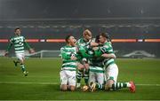 6 December 2020; Aaron Greene celebrates with Shamrock Rovers team-mates, from left, Dylan Watts, Graham Burke, Liam Scales, Aaron McEneff and Ronan Finn after scoring his side's first goal during the Extra.ie FAI Cup Final match between Shamrock Rovers and Dundalk at the Aviva Stadium in Dublin. Photo by Stephen McCarthy/Sportsfile