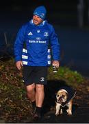 7 December 2020; Kicking coach and lead performance analyst Emmet Farrell arrives to Leinster Rugby squad training with his dog, at UCD in Dublin. Photo by Ramsey Cardy/Sportsfile