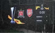 10 December 2020; The big screen feature the team names is seen behind heavy rain prior to the UEFA Europa League Group B match between Dundalk and Arsenal at the Aviva Stadium in Dublin. Photo by Stephen McCarthy/Sportsfile