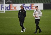 10 December 2020; Greg Sloggett of Dundalk, left, with team-mate Brian Gartland prior to the UEFA Europa League Group B match between Dundalk and Arsenal at the Aviva Stadium in Dublin. Photo by Ben McShane/Sportsfile
