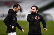 10 December 2020; Dundalk assistant coach Giuseppe Rossi, right, speaking with Stefan Colovic of Dundalk prior to the UEFA Europa League Group B match between Dundalk and Arsenal at the Aviva Stadium in Dublin. Photo by Ben McShane/Sportsfile