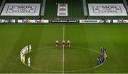 10 December 2020; Players from both teams observe a minutes silence for the late Paolo Rossi prior to the UEFA Europa League Group B match between Dundalk and Arsenal at the Aviva Stadium in Dublin. Photo by Seb Daly/Sportsfile