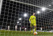 10 December 2020; Gary Rogers of Dundalk picks the ball out of the net after Joe Willock scored his side's third goal during the UEFA Europa League Group B match between Dundalk and Arsenal at the Aviva Stadium in Dublin. Photo by Ben McShane/Sportsfile