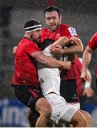 11 December 2020; Thomas Ramos of Toulouse is tackled by Rob Herring, left, and Alan O'Connor of Ulster during the Heineken Champions Cup Pool B Round 1 match between Ulster and Toulouse at Kingspan Stadium in Belfast. Photo by Ramsey Cardy/Sportsfile
