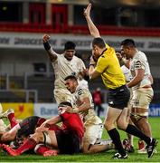 11 December 2020; Toulouse players celebrate their side's third try scored by Rory Arnold, bottom left, during the Heineken Champions Cup Pool B Round 1 match between Ulster and Toulouse at Kingspan Stadium in Belfast. Photo by Ramsey Cardy/Sportsfile
