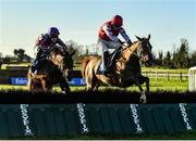 12 December 2020; Peckham Springs, right, with Adam Short up, jumps the last alongside eventual second place Toughari, with David Mullins up, on their way to winning the Thanks To All Our Sponsors In 2020 3-Y-O Maiden Hurdle at Fairyhouse Racecourse in Ratoath, Meath. Photo by Seb Daly/Sportsfile