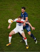 10 December 2020; David McMillan of Dundalk in action against Pablo Marí of Arsenal during the UEFA Europa League Group B match between Dundalk and Arsenal at the Aviva Stadium in Dublin. Photo by Seb Daly/Sportsfile