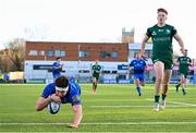 12 December 2020; Aaron O'Sullivan of Leinster A dives over to score his side's third try during the A Interprovincial Friendly match between Leinster A and Connacht Eagles at Energia Park in Dublin. Photo by Ramsey Cardy/Sportsfile