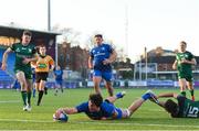 12 December 2020; Alex Soroka of Leinster A scores a try despite the tackle of Oran McNulty of Connacht Eagles during the A Interprovincial Friendly match between Leinster A and Connacht Eagles at Energia Park in Dublin. Photo by Ramsey Cardy/Sportsfile