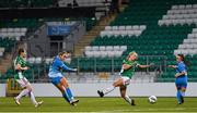 12 December 2020; Stephanie Roche of Peamount United shoots to score her side's second goal despite the efforts of Zara Foley of Cork City during the FAI Women's Senior Cup Final match between Cork City and Peamount United at Tallaght Stadium in Dublin. Photo by Eóin Noonan/Sportsfile
