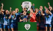 12 December 2020; Peamount United captain Áine O’Gorman and team-mates celebrate with the FAI Women's Senior Cup following the Final match between Cork City and Peamount United at Tallaght Stadium in Dublin. Photo by Stephen McCarthy/Sportsfile