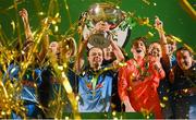 12 December 2020; Peamount United captain Áine O’Gorman and team-mates celebrate with the FAI Women's Senior Cup following the Final match between Cork City and Peamount United at Tallaght Stadium in Dublin. Photo by Stephen McCarthy/Sportsfile