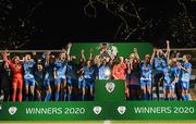 12 December 2020; Peamount United captain Áine O’Gorman and team-mates celebrate with the FAI Women's Senior Cup following the Final match between Cork City and Peamount United at Tallaght Stadium in Dublin. Photo by Stephen McCarthy/Sportsfile