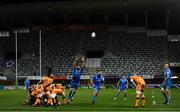 12 December 2020; Benoît Paillaugue of Montpellier clears under pressure from Scott Fardy of Leinster during the Heineken Champions Cup Pool A Round 1 match between Montpellier and Leinster at the GGL Stadium in Montpellier, France. Photo by Harry Murphy/Sportsfile