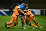 12 December 2020; Robbie Henshaw of Leinster is tackled by Guilhem Guirado, left, and Vincent Martin of Montpellier during the Heineken Champions Cup Pool A Round 1 match between Montpellier and Leinster at the GGL Stadium in Montpellier, France. Photo by Harry Murphy/Sportsfile