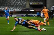 12 December 2020; Dave Kearney of Leinster dives over to score his side's third try despite the tackle of Vincent Rattez of Montpellier during the Heineken Champions Cup Pool A Round 1 match between Montpellier and Leinster at the GGL Stadium in Montpellier, France. Photo by Harry Murphy/Sportsfile