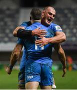 12 December 2020; Dave Kearney of Leinster is congratulated by Rhys Ruddock, right, after scoring his side's third try during the Heineken Champions Cup Pool A Round 1 match between Montpellier and Leinster at the GGL Stadium in Montpellier, France. Photo by Harry Murphy/Sportsfile