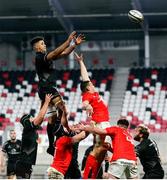12 December 2020; Cormac Izuchukwu of Ulster A wins possession of a line-out during the A Interprovincial Friendly between Ulster A and Munster A at Kingspan Stadium, Ravenhill Park, Belfast, Northern Ireland. Photo by John Dickson/Sportsfile