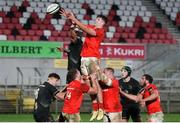12 December 2020; Paddy Kelly of Munster A gathers possession of a line-out during the A Interprovincial Friendly between Ulster A and Munster A at Kingspan Stadium, Ravenhill Park, Belfast, Northern Ireland. Photo by John Dickson/Sportsfile