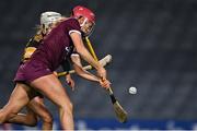12 December 2020; Orlaith McGrath of Galway scores her side's first goal as Davina Tobin of Kilkenny closes in during the Liberty Insurance All-Ireland Senior Camogie Championship Final match between Galway and Kilkenny at Croke Park in Dublin. Photo by Piaras Ó Mídheach/Sportsfile