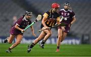 12 December 2020; Grace Walsh of Kilkenny in action against Aoife Donohue, left, and Siobhán Gardiner of Galway during the Liberty Insurance All-Ireland Senior Camogie Championship Final match between Galway and Kilkenny at Croke Park in Dublin. Photo by Piaras Ó Mídheach/Sportsfile