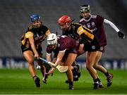 12 December 2020; Ailish O'Reilly of Galway in action against Anna Farrell, left, and Kellyann Doyle of Kilkenny during the Liberty Insurance All-Ireland Senior Camogie Championship Final match between Galway and Kilkenny at Croke Park in Dublin. Photo by Piaras Ó Mídheach/Sportsfile