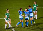 12 December 2020; Becky Watkins, left, is congratulated by Peamount United team-mates Megan Smyth-Lynch and Lauryn O’Callaghan, right, after scoring their fifth goal during the FAI Women's Senior Cup Final match between Cork City and Peamount United at Tallaght Stadium in Dublin. Photo by Stephen McCarthy/Sportsfile