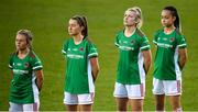 12 December 2020; Cork City players, from left, Sophie Liston, Danielle Burke, Saoirse Noonan and Lauren Egbuloniu stand for the playing of the National Anthem prior to the FAI Women's Senior Cup Final match between Cork City and Peamount United at Tallaght Stadium in Dublin. Photo by Stephen McCarthy/Sportsfile
