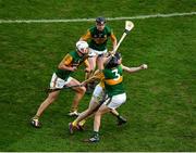 13 December 2020; Ryan McGarry of Antrim in action against Kerry players, left to right, Fionan Mackessy, Brandon Barrett, and Tomás O’Connor during the Joe McDonagh Cup Final match between Kerry and Antrim at Croke Park in Dublin. Photo by Daire Brennan/Sportsfile