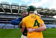 13 December 2020; Antrim players, from left, Ryan Elliott, Stephen Rooney, 4, and Paddy Burke celebrate after the Joe McDonagh Cup Final match between Kerry and Antrim at Croke Park in Dublin. Photo by Piaras Ó Mídheach/Sportsfile