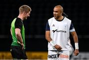 13 December 2020; Simon Zebo of Racing 92 speaks with Conor Fitzgerald of Connacht prior to the Heineken Champions Cup Pool B Round 1 match between Racing 92 and Connacht at La Defense Arena in Paris, France. Photo by Harry Murphy/Sportsfile
