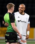 13 December 2020; Simon Zebo of Racing 92 speaks with Conor Fitzgerald of Connacht prior to the Heineken Champions Cup Pool B Round 1 match between Racing 92 and Connacht at La Defense Arena in Paris, France. Photo by Harry Murphy/Sportsfile