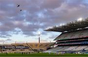13 December 2020; The Irish Air Corps fly over Croke Park during the National Anthem ahead of the GAA Hurling All-Ireland Senior Championship Final match between Limerick and Waterford at Croke Park in Dublin. Photo by Ramsey Cardy/Sportsfile