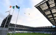 13 December 2020; The Irish tri-colour is flown above an empty Croke Park ahead of the GAA Hurling All-Ireland Senior Championship Final match between Limerick and Waterford at Croke Park in Dublin. Photo by Stephen McCarthy/Sportsfile