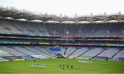 13 December 2020; Both teams and officials stand for the National Anthem in front of an empty Croke Park ahead of the GAA Hurling All-Ireland Senior Championship Final match between Limerick and Waterford at Croke Park in Dublin. Photo by Stephen McCarthy/Sportsfile