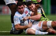 13 December 2020; Fabien Sanconnie of Racing 92 is tackled by Matt Healy of Connacht during the Heineken Champions Cup Pool B Round 1 match between Racing 92 and Connacht at La Defense Arena in Paris, France. Photo by Harry Murphy/Sportsfile