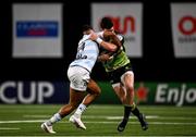 13 December 2020; Alex Wootton of Connacht is tackled by Teddy Thomas of Racing 92 during the Heineken Champions Cup Pool B Round 1 match between Racing 92 and Connacht at La Defense Arena in Paris, France. Photo by Harry Murphy/Sportsfile