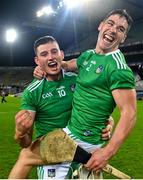 13 December 2020; Gearóid Hegarty, left, and Seán Finn of Limerick celebrate following the GAA Hurling All-Ireland Senior Championship Final match between Limerick and Waterford at Croke Park in Dublin. Photo by Ramsey Cardy/Sportsfile
