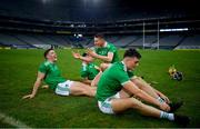 13 December 2020; Seán Finn, left, Gearóid Hegarty and Kyle Hayes of Limerick celebrate after the GAA Hurling All-Ireland Senior Championship Final match between Limerick and Waterford at Croke Park in Dublin. Photo by Brendan Moran/Sportsfile