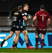 13 December 2020; Alex Dombrandt of Harlequins, right, celebrates with team-mate James Lang after scoring his side's first try  during the Heineken Champions Cup Pool B Round 1 match between Munster and Harlequins at Thomond Park in Limerick. Photo by Sam Barnes/Sportsfile